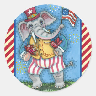 STICKER ROND AGRÉABLE PATRIOTIQUE ÉLÉPHANT WAVANT DRAPEAU AMÉRI