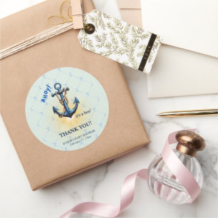 Sticker Rond Ahoy bleu moderne ! Ancre Baby shower nautique