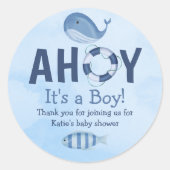 Sticker Rond Ahoy C'est un garçon Baby shower côtier d'animaux (Devant)