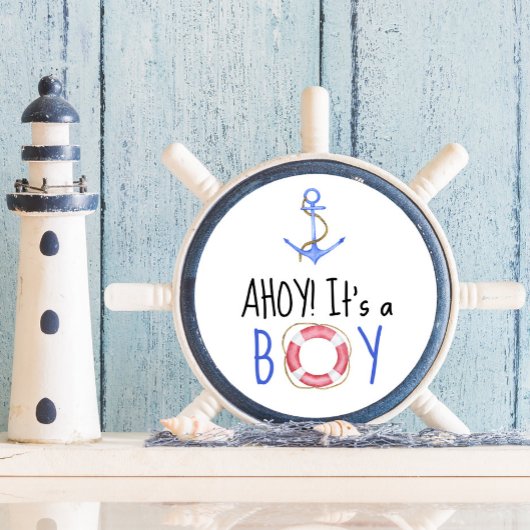 Sticker Rond Ahoy C'est un garçon ! Baby shower nautique