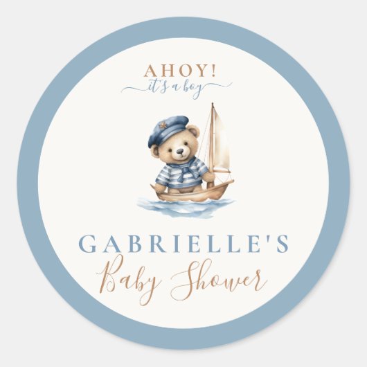 Sticker Rond Ahoy c'est un garçon ! Baby shower nautique minima (Devant)
