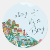 Sticker Rond Ahoy c'est une fête baby shower garçon (Devant)