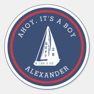 Sticker Rond Ahoy It's a Boy - Baby Red White Blue Sailboat