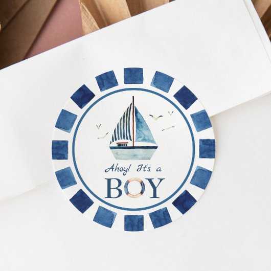 Sticker Rond Ahoy nautique ! C'est un Baby shower Boy Boat