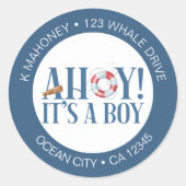 Sticker Rond Ahoy Son a Boy Blue and White Address (Devant)