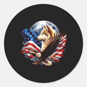 Sticker Rond Aigle à tête blanche drapeau américain loup pleine