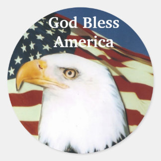 Sticker Rond Aigle avec drapeau, Dieu bénisse l'Amérique