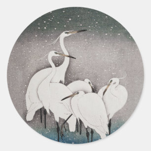 Sticker Rond Aigrettes japonaises Grues Koson Neige d'hiver