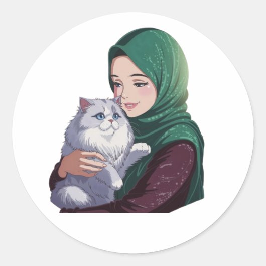 Sticker Rond Aiguë fille serrer dans ses bras chat mignon (Devant)