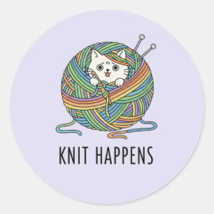 Sticker Rond Aiguilles à tricoter artisanales chaton ludique ar