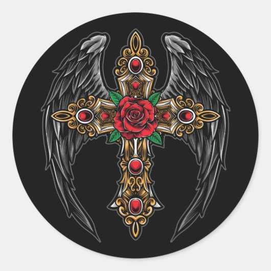 Sticker Rond Ailes Crucifix et fleurs (Devant)