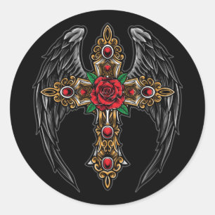 Sticker Rond Ailes Crucifix et Fleurs