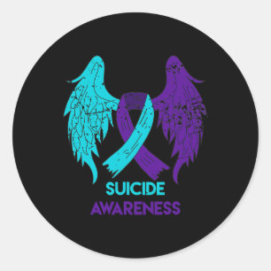Sticker Rond Ailes De Sensibilisation Et Ruban Turquoise Et Vio