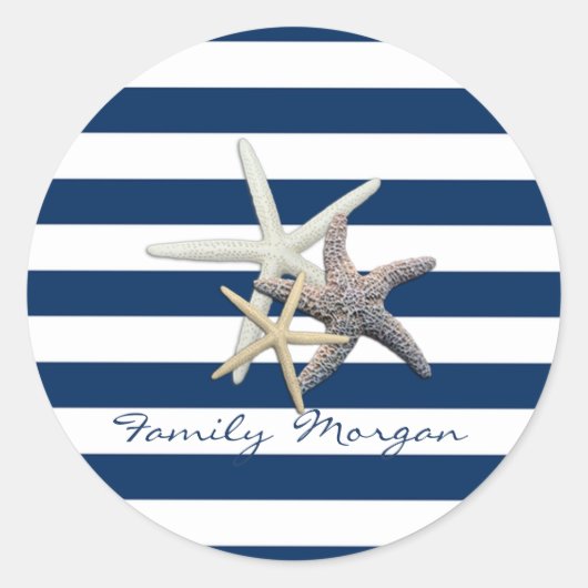 Sticker Rond Aimable Starfish, Bleu Marine Bleu Bandes Personna (Devant)