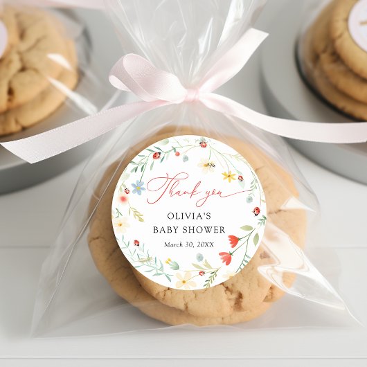 Sticker Rond Aimer bug Fleur sauvage Baby shower de jardin Merc