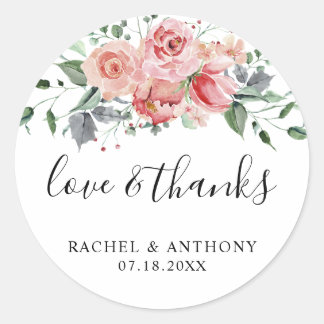 Sticker Rond Aimer & Merci Rose Rose Aquarelle Mariage Chic