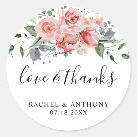 Sticker Rond Aimer & Merci Rose Rose Aquarelle Mariage Chic (Devant)