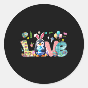 Sticker Rond Aimer Pâques Lapin Penguin Chasse Oeufs Fleurs Col
