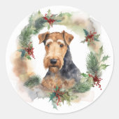 Sticker Rond Airedale Christmas Wreath Festive Pup (Devant)