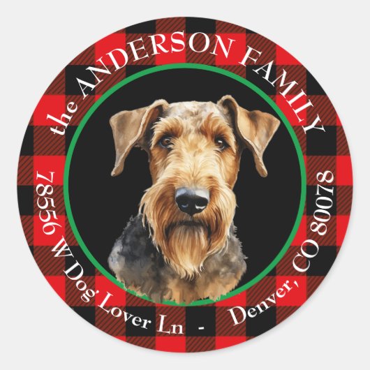 Sticker Rond Airedale Terrier Dog Buffalo Plaid Adresse de reto (Devant)