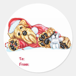 Sticker Rond Airedale Terrier Noël en attente de Père Noël