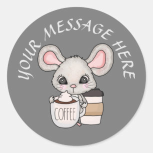 Sticker Rond Ajouter un message à la souris de café mignon