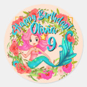 Sticker Rond Ajouter un nom Age Rose Sirène Blue Tail Anniversa (Devant)