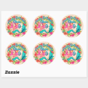 Sticker Rond Ajouter un nom Age Rose Sirène Blue Tail Anniversa