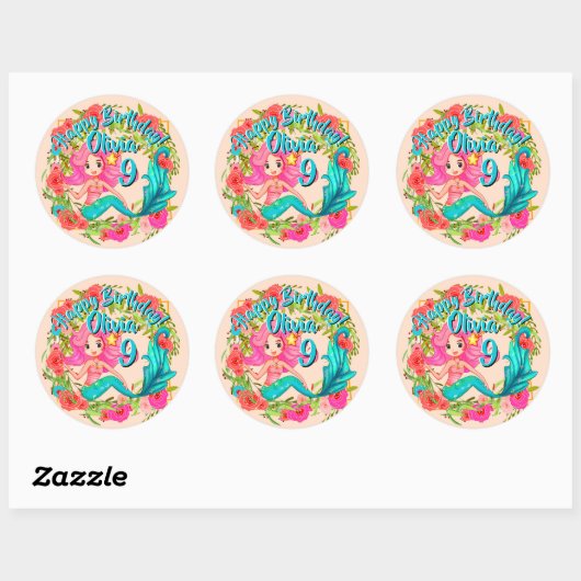 Sticker Rond Ajouter un nom Age Rose Sirène Blue Tail Anniversa (Feuille)