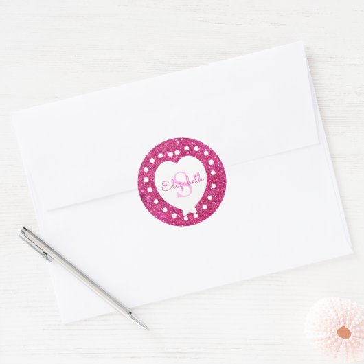Sticker Rond Ajouter Un Nom Monogramme Parties scintillant Rose (Enveloppe)