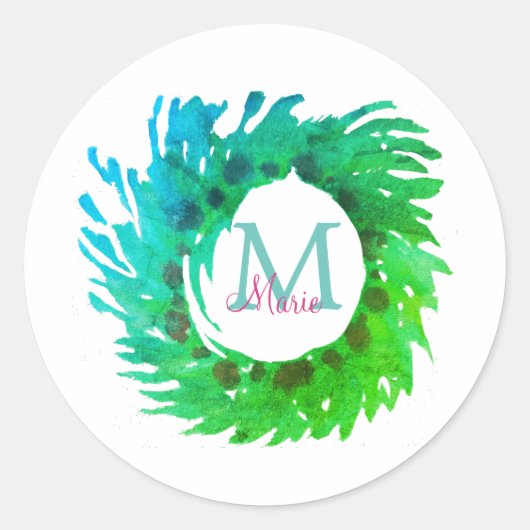 Sticker Rond Ajouter une couronne de Noël vert rose monogramme (Devant)