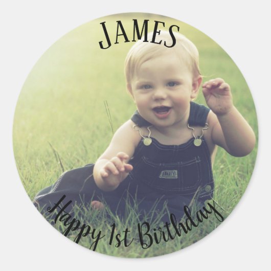 Sticker Rond Ajouter votre propre photo 1er Anniversaire Nom St (Devant)