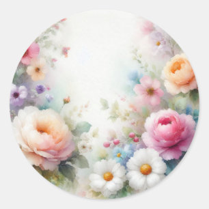 Sticker Rond Ajoutez Votre Texte Modèle Vierge Fleurs Aquarelle