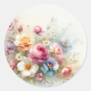 Sticker Rond Ajoutez Votre Texte Modèle Vierge Fleurs Aquarelle