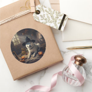 Sticker Rond Akita Citrouilles Halloween effroi