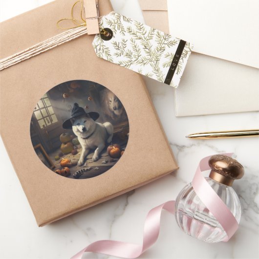 Sticker Rond Akita Citrouilles Halloween effroi (Cadeaux)