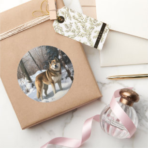 Sticker Rond Akita Laissez tomber la neige Noël