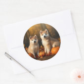 Sticker Rond Akita Puppy Citrouille d'automne (Enveloppe)