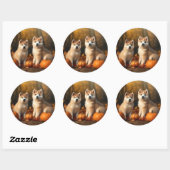 Sticker Rond Akita Puppy Citrouille d'automne (Feuille)