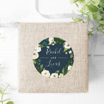 Sticker Rond Alabaster | Botanical Wreath Wedding<br><div class="desc">Seal your invitation envelopes or favors with these elegant botanical and floral wedding stickers featuring your names framed by a watercolor wreath of lush green foliage and white flowers on a rich navy blue background. Coordinates with our Alabaster wedding collection.</div>