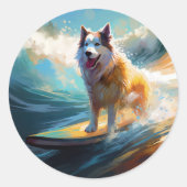 Sticker Rond Alaskan Malamute Beach Surf Peinture (Devant)