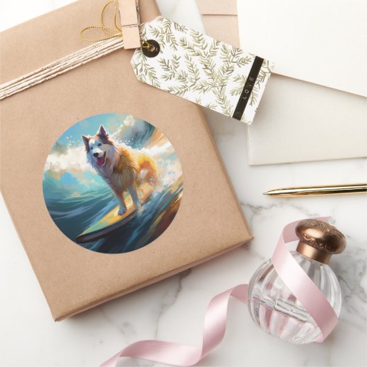 Sticker Rond Alaskan Malamute Beach Surf Peinture (Cadeaux)