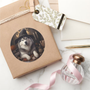 Sticker Rond Alaskan Malamute Citrouilles Halloween effrayant