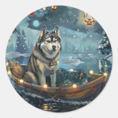 Sticker Rond Alaskan Malamute Noël Festive Voyage (Devant)