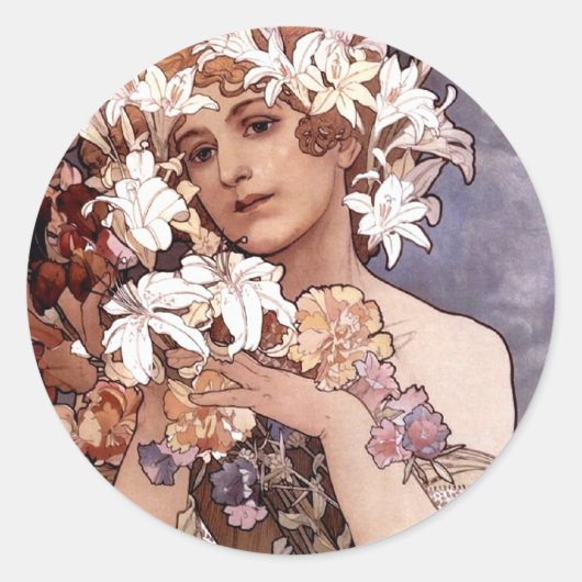Sticker Rond Alfons Mucha : Fleur (Devant)