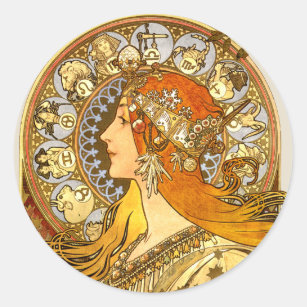 Sticker Rond Alfonse Mucha Zodiac Art nouveau femme