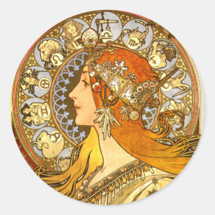 Sticker Rond Alfonse Mucha Zodiaque Art Nouveau Femme
