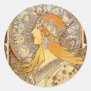 Sticker Rond Alfonse Mucha Zodiaque Art Nouveau Femme