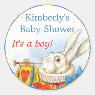 Sticker Rond Alice dans le baby shower blanc de garçon de lapi