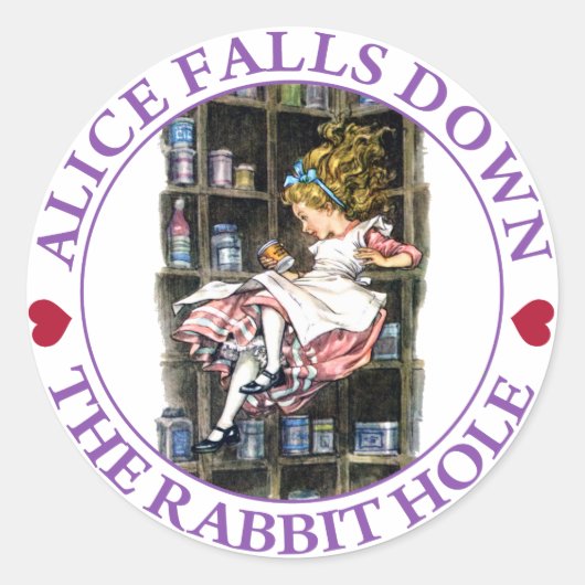 Sticker Rond Alice descend le trou de lapin vers Wonderland (Devant)
